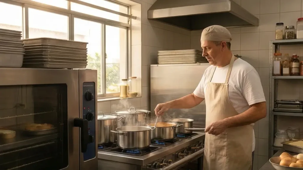 Homem cozinhando em cozinha industrial, remetendo ao uso industrial do GLP no futuro sustentável.