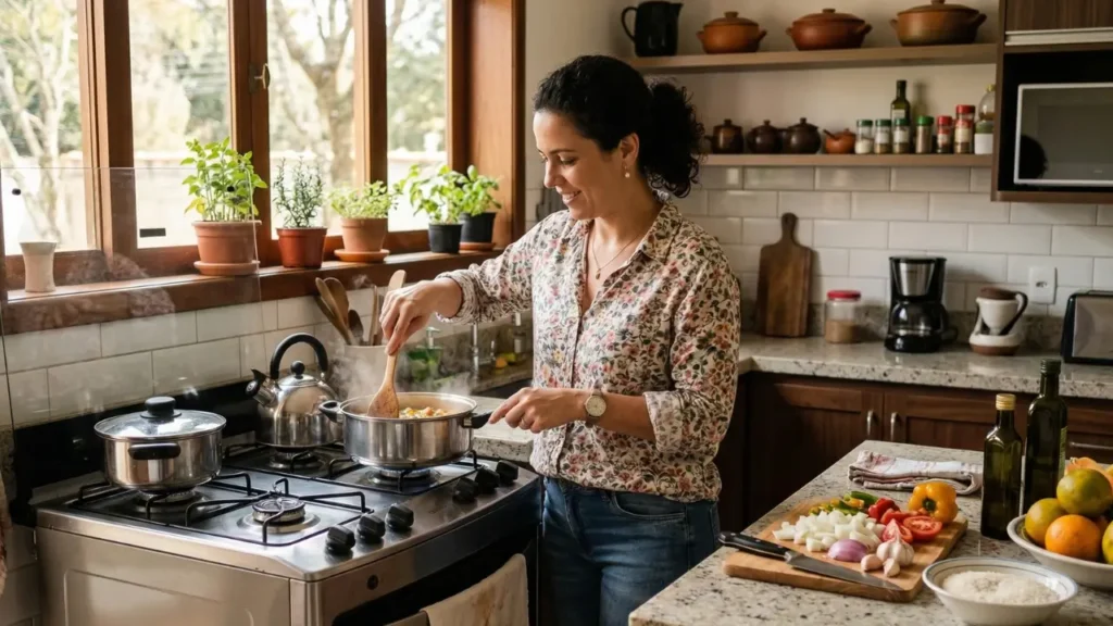 Mulher cozinhando com gás de cozinha, remetendo ao futuro sustentável